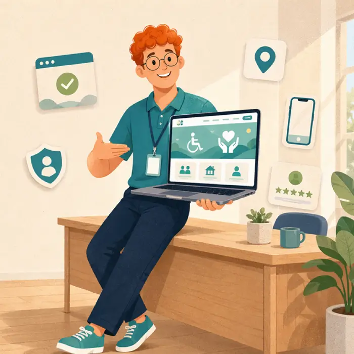 Illustration of an accessible NDIS provider website shown on a laptop